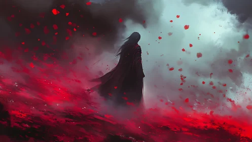 Lone cloaked figure walks through red storm of petals