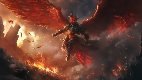 Flaming winged warrior soaring over a storm of embers.