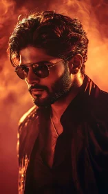 Man in side-lit portrait stands against orange smoky background