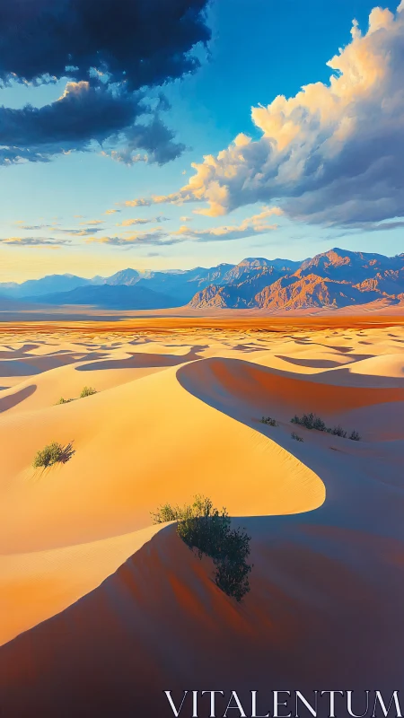 Golden desert dunes glow softly beneath dramatic evening clouds
