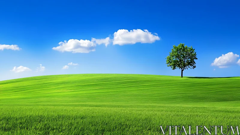 Lone tree stands on bright green hill under clear blue sky