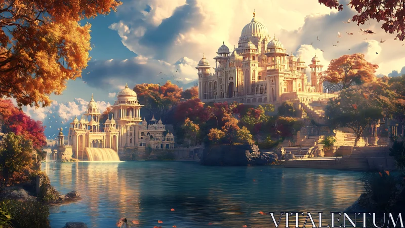 Autumnal riverside citadel with neoclassical domes and cascades.