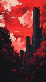 Dark futuristic city towers under intense red sky.