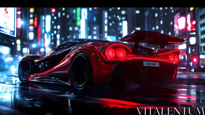 Futuristic red hypercar under neon city lights at night.