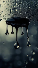 Viscous black droplets hang in moody abstract suspension