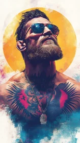 Bearded tattooed man in mirrored shades under blazing sun
