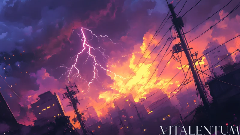 Urban skyline under electric violet storm-lit sunset sky.