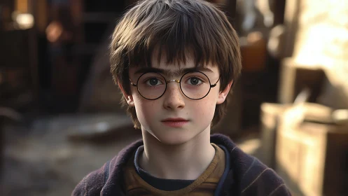 Young boy with round glasses in soft outdoor light.