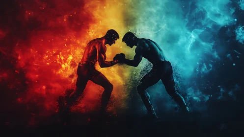 Two boxers engage combat amid explosive fire and ice energy