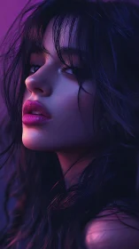 Neon-kissed gaze in twilight violet cinematic portrait.