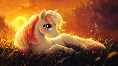 Golden dusk pony resting in a field of gentle light.