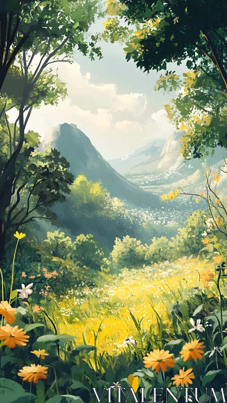 Sunlit wildflower valley cradled by soft green mountains.