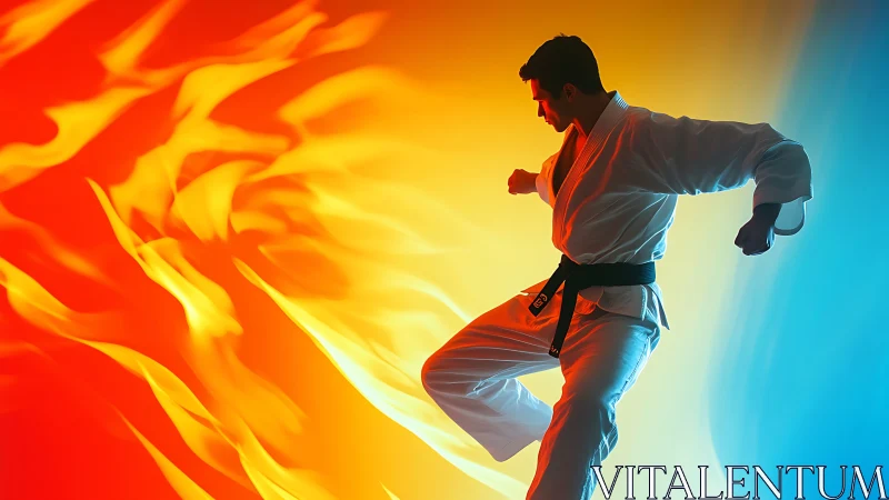 Martial artist kicks through blazing fire and cool light.