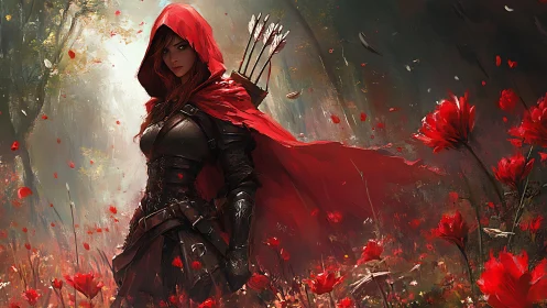 Scarlet hooded huntress roaming a storm of wild petals.