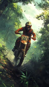 Enduro rider blasts through a dramatic sunlit jungle trail