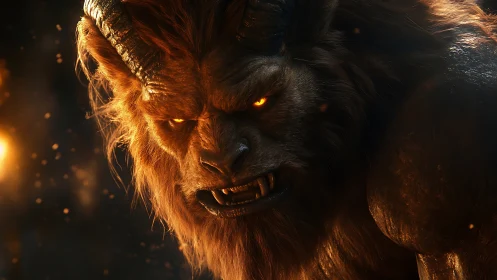 Demonic beast snarls in fiery shadows with blazing eyes
