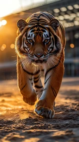 Tiger walking on sunlit sand in urban edge environment.