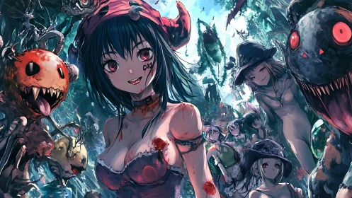 Bloodstained anime girl smiles amid twisted monster horde.