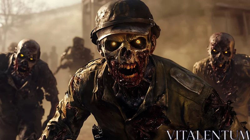 Group of decayed soldier zombies advancing toward viewer.