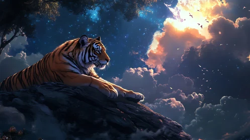 Celestial tiger resting on lunarlit cliff under nebula sky.