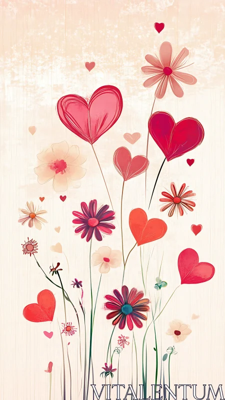 Hearts and Flowers Dance Against Cream Background.