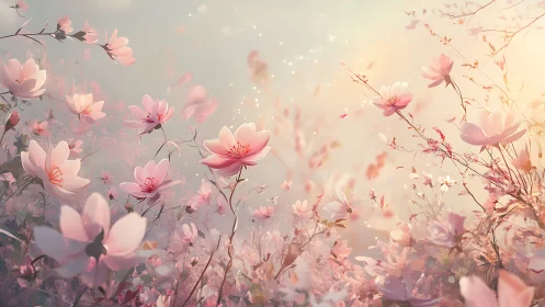 Dreamscape Cosmos: Pink Flowers Drift in Ethereal Reverie.