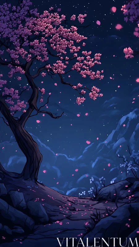 Night hillside path under cherry tree with falling petals.