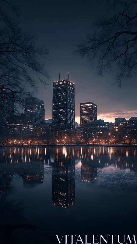 Quiet city towers glow above a calm reflective evening lake
