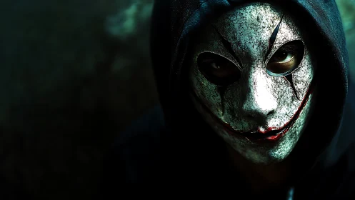 Hooded figure wears cracked white mask with sinister smile