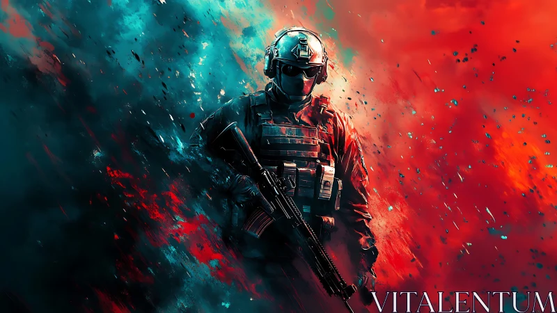 Armored soldier strides through explosive neon battlefield haze