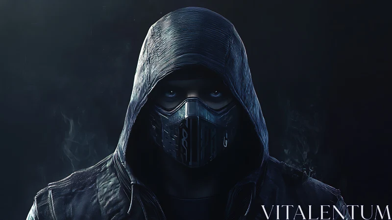 Hooded cyberpunk vigilante with metallic mask in shadow.