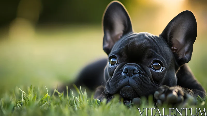 Black French Bulldog puppy lying on grass at sunset.