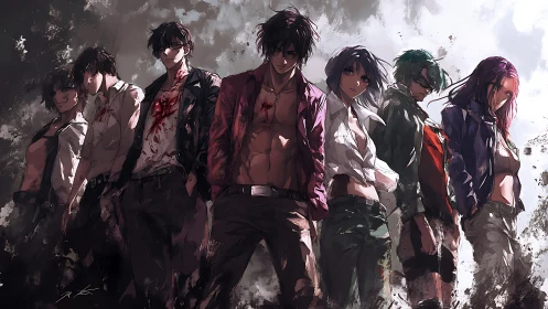 Bloodied urban gang stands under torn sky after battle