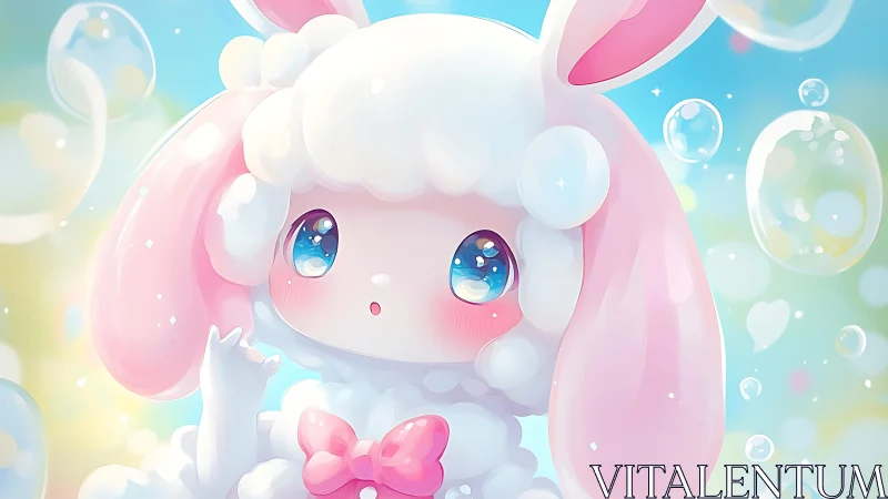 Soft bunny cloud friend gazes at sparkling sky bubbles