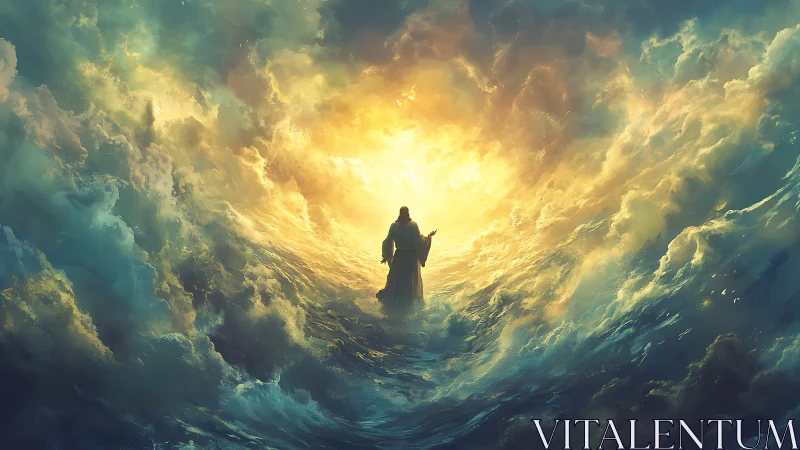 Storm-torn ocean opens as a radiant wanderer walks through