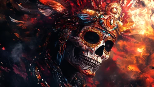 Decorated skull warrior portrait with flaming feathered headdress