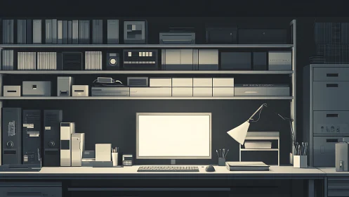 Minimalist monochrome workstation glows in the quiet dark