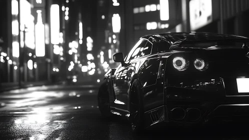 Midnight supercar reflects neon rain along empty street.