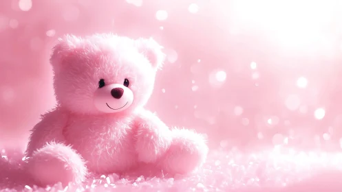 Blush-pink teddy drifts through a dreamy sugar-sparkle glow.