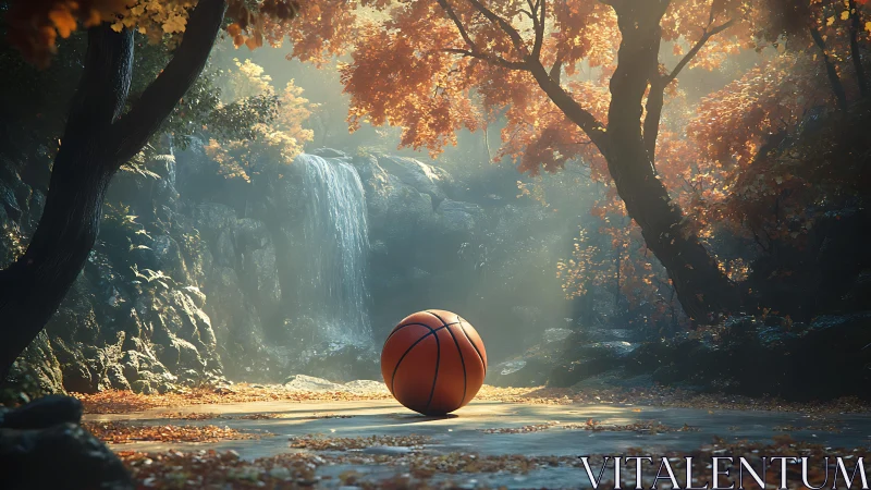 Basketball rests on wet forest clearing before distant waterfall