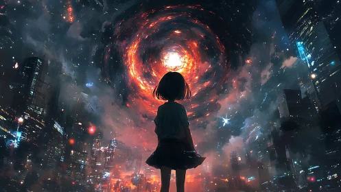 Silhouetted figure observes swirling luminous vortex over city