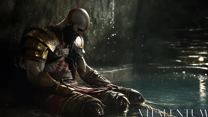 Armored warrior resting by cavern pool under diffused cascade.