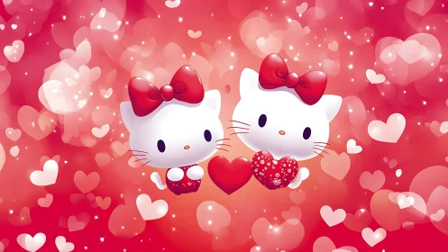 Crimson Whispers: Twin Felines in Love's Luminous Dance.