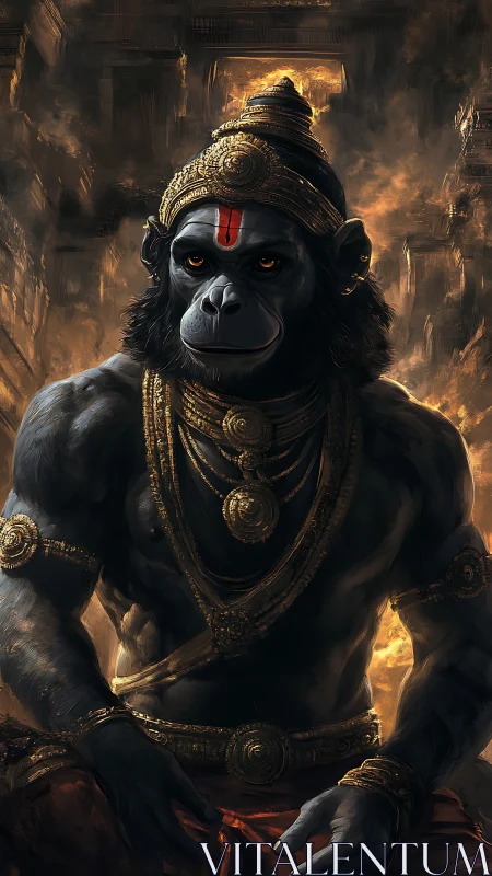 Mythic simian guardian in gold armor amid digital flames.