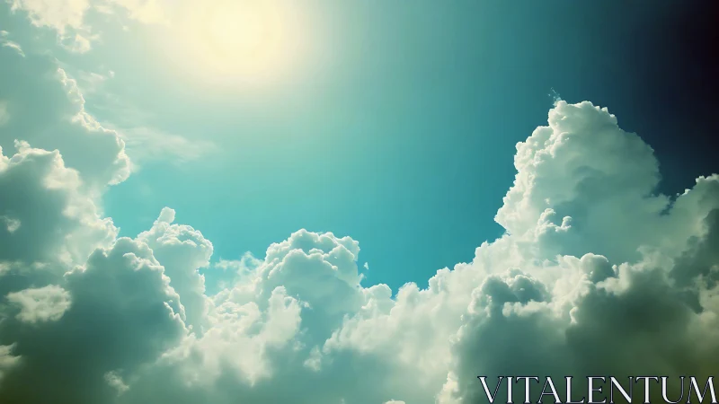 Soft-lit cumulus cloudscape under high noon sun glow.