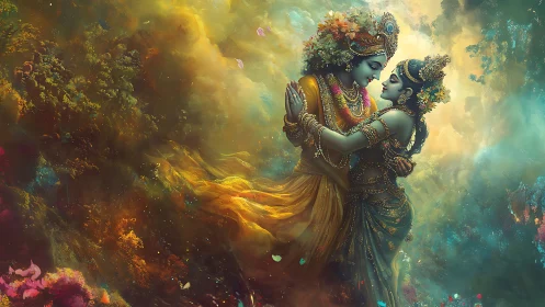 Divine Devotion: Krishna and Radha in Ethereal Luminescence
