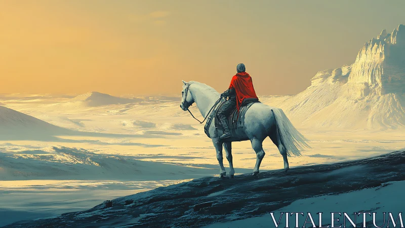 Lone rider in a red cloak gazing over sunlit snowscape.