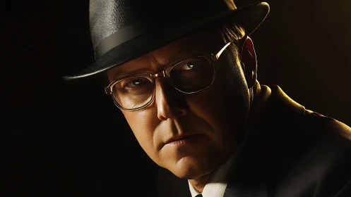 Mysterious man in hat stares through dramatic golden light