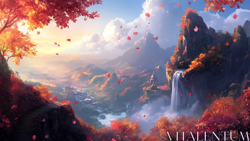 Autumnal fantasy valley with cascading waterfall and temples.