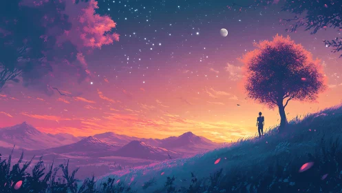 Digital painting of solitary figure beneath starry twilight sky.
